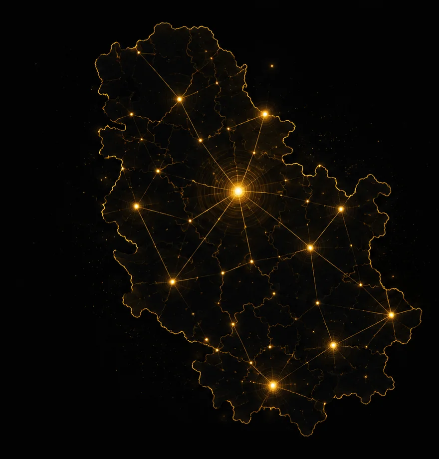 Mapa Srbije sa osvetljenim tačkama gradova povezanim linijama signala