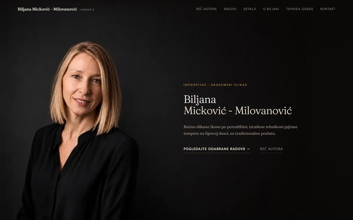 Sajt ikonopisca Biljane Milovanović na laptopu — portret autorke i ručno slikane ikone
